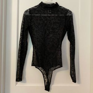 Black Mesh Leopard Pattern Long Sleeve Bodysuit